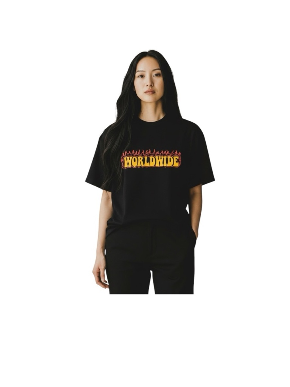 ROMWE Black Worldwide Graphic Tee T-Shirt Streetwear Flame Logo Size Large